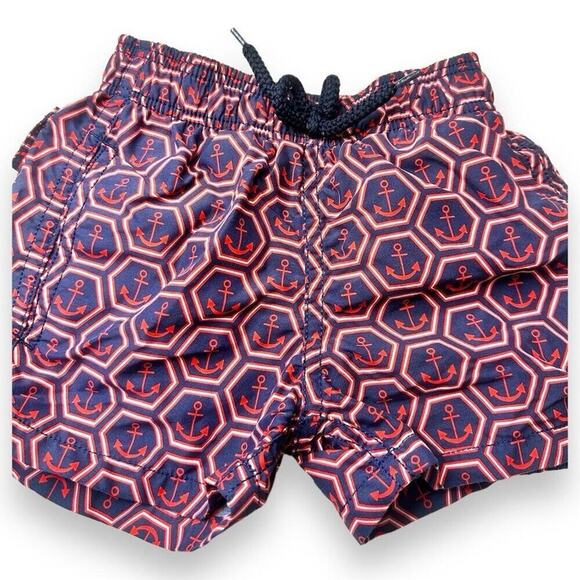 Vilebrequin Moorea Anchor Swim Trunks Boys Size 2 Red Navy Blue Anchor Print - Picture 6 of 7